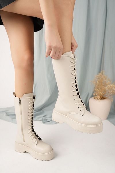 bakacstore Γυναικείες Μπεζ δερμάτινες μπότες με κορδόνια