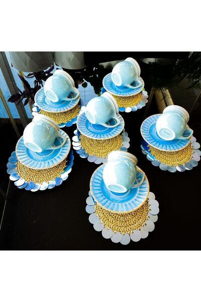 NehiripekHome Ice Blue Sequin Gold Presentation Supla Coaster Set of 6