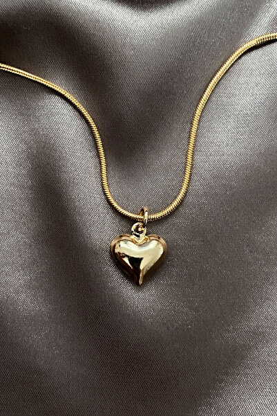 roshel Çelik Altın Renk Bombeli Kalp Çelik Kolye