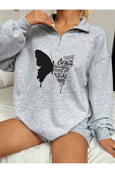 LOUİSA Φούτερ με γιακά με στάμπα σε γκρι πεταλούδα - Μισό φερμουάρ