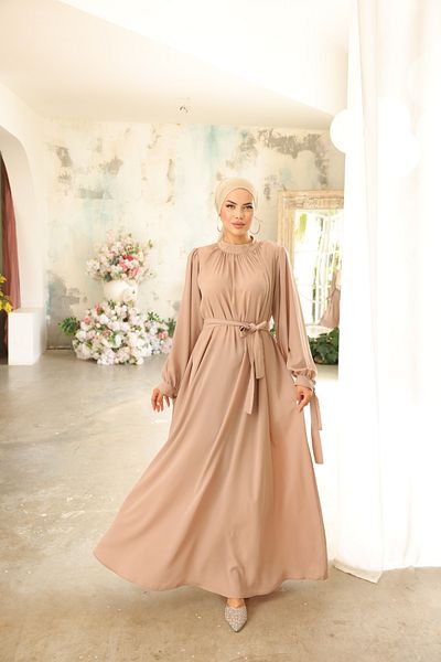 Zaure Women's Dress with Hijab Collar and Gathered Sleeves and Ribbon
