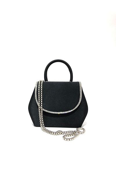 Piedra Rochie de seară neagră cu strasuri din satin pentru femei - curea cu lanț, pochette de nuntă Porfoy, sezon nou