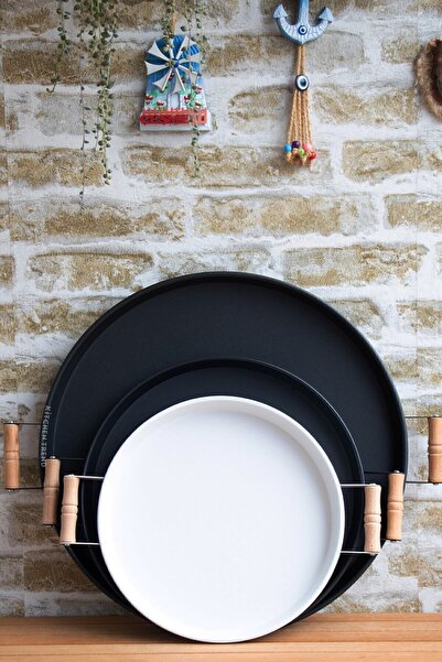 kitchen trend 3 قطع 45 أسود، 37 أسود، 30 أبيض مقبض خشبي صينية معدنية صينية الشاي مجموعة صينية العرض