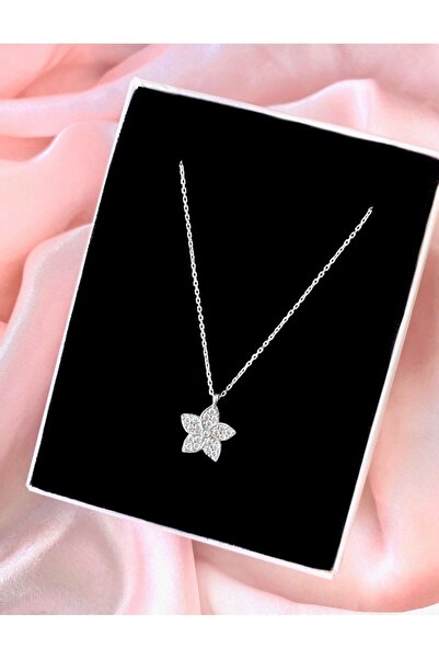 Alaja Silver Açelya Çiçeği Beyaz Taşlı Tasarım 925 Ayar Gümüş Kolye