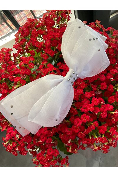 MADE BY PERİ Children's Adult Buckle with Three Layers of White Glossy Organza Bow, Stone Decoration