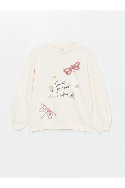 LC Waikiki LcwKidsGirl's Cream Color Crew Neck Printed Long SleeveSweatshirtand Leggings Set