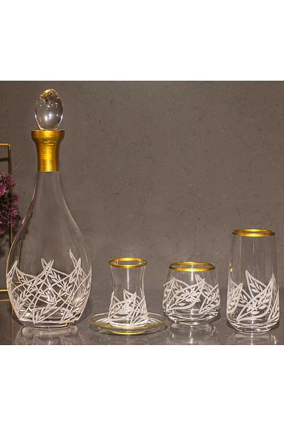 sudeka 12 Person 49 Piece Leaf Hand Decorated Gold Glass Water Cup and Soft Drink Cup Set