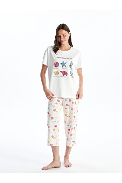 LC Waikiki LCW Young Ekru Baskılı Bisiklet Yaka Baskılı Kısa Kollu Kadın Kaprili Pijama Takımı