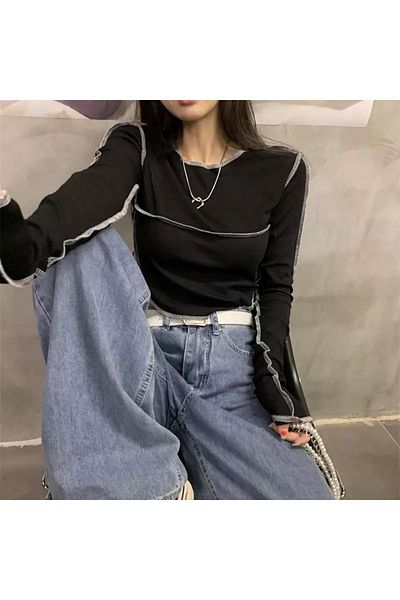 Köstebek Plain Black Half Women's Long Sleeve Crop with Gray Stitching Detail