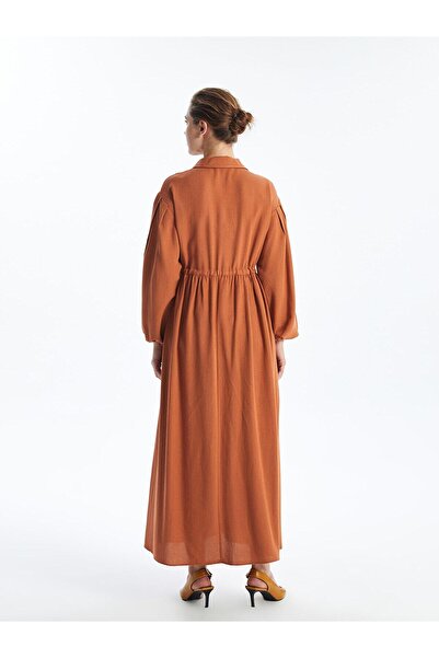 LC Waikiki Γυναικείο φόρεμα LCW Modest - Ανοιχτό χακί, γιακάς πουκάμισου, μακρυμάνικο, λινό μείγμα