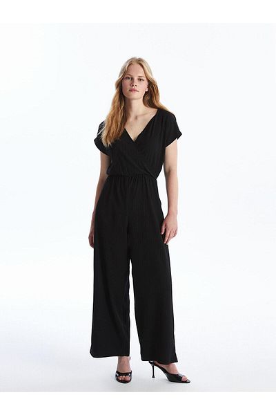 LC Waikiki Lcw Vision Black Double Breasted Collar Women's Jumpsuit - Solid Short Sleeve