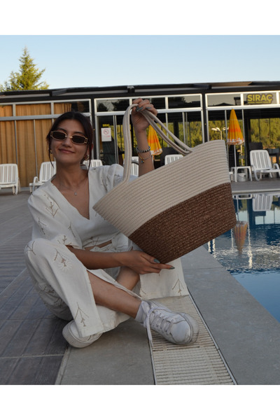 HomeTurko Double Colored Jute Buttoned Women's Beach Bag - Accessory Daily Casual Bag, Natural Handmade Stylish Bag