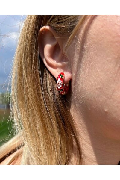 ByMerve Bym232 Vintage Model Çiçek Desenli Mineli Kırmızı Kadın Çelik Halka Küpe