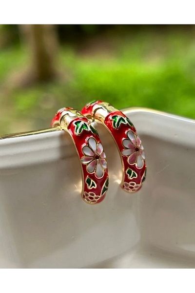 ByMerve Bym232 Vintage Red Flower Patterned Enamel Women's Earrings - Steel Ring