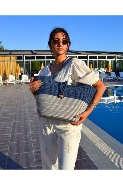 HomeTurko Geanta de plaja de dama cu nasturi din iuta dublu colorata - Accesoriu, ocazional zilnic, natural lucrat manual