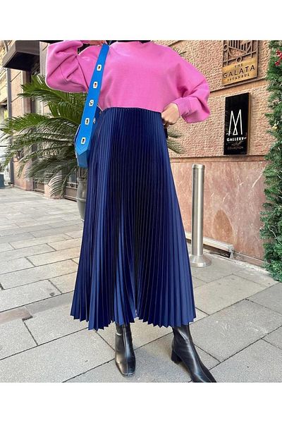 DRESSY CL Fusta lungă plisată cu talie elastică cu aspect piele