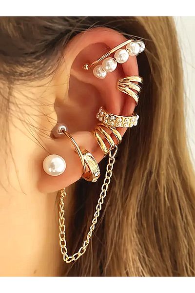 Obenimstore 8 Pieces French Style High Gloss Women's Ear Cuff Set - Artificial Pearl and Gold Color Chain