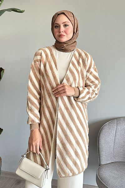 InStyle Beige Colored Stripe Detailed Knitwear Cardigan
