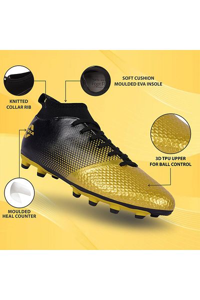 Nivia Ashtang Football Shoes (Black/Gold, 6 UK/ 7 US / 40 EU) | Synthetic Leather | PVC sole