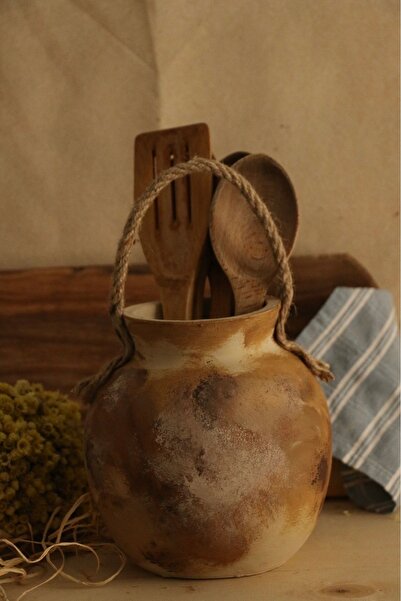 Hoyatap El Emeği Eskitme Boyanmış Dekoratif Halat Askılı Tombul Kaşıklık & Vazo