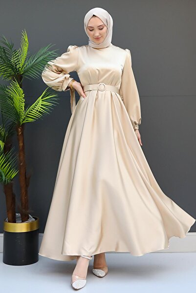 giz astore Saten Kemerli Elbise Gold