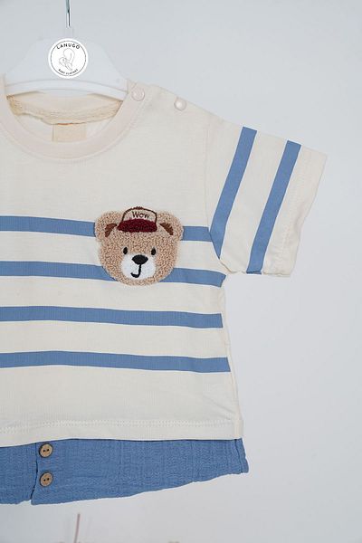 WOW LANUGO Baby Boy Summer Top and Bottom Set Muslin Shorts Teddy Bear Embroidered