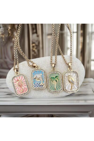 a rose jewelry Çelik Trend Renkli Plaka Kolye