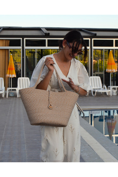 HomeTurko Γυναικεία τσάντα παραλίας με πολύχρωμα κουμπιά από γιούτα - καθημερινή casual και φυσική χειροποίητη κομψή τσάντα