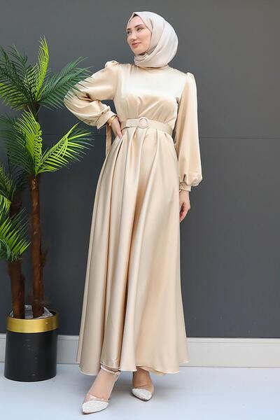 giz astore Saten Kemerli Elbise Gold