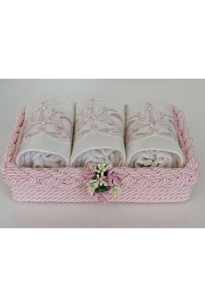 FNT Basket with Weave Towel Small Cotton Guipure 30*50 cm 3 Pcs Towel and Basket Gift Dowry