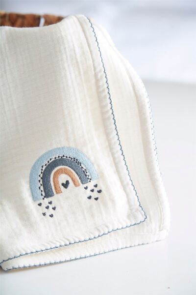 Kirazkids 100x100 Blue Rainbow Embroidered 4 Layer Muslin Blanket