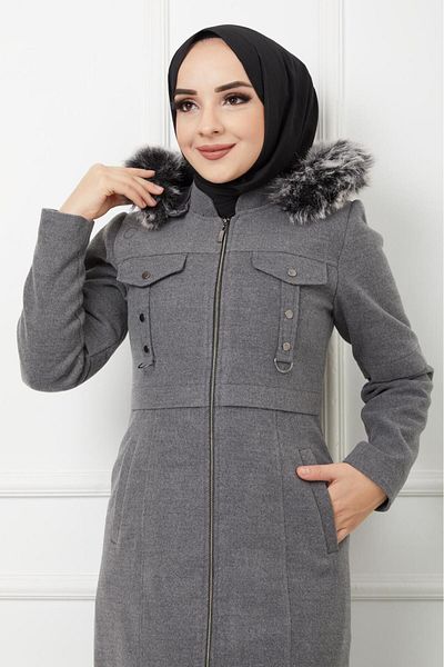 KMKkombin Women's Winter Long Full Length Zippered Hooded Fur Stuffed Topcoat Coat