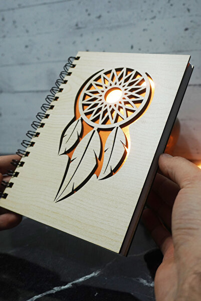 markcat Dream Catcher Themed Notebook with Wooden Cover - Dotted Agenda and School Notebook (A5 - 120 Pages)