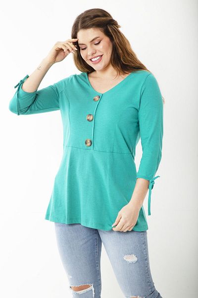 Şans Women's Large Size Green Cotton Fabric Ornamental Buttoned Sleeve Lace Blouse 65N37231