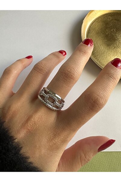 ringbox Gümüş Renkli Zirkon Taşlı 3 Sıra Zincir Yüzük
