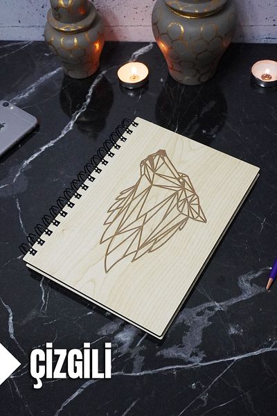 markcat Wolf Themed Lined Wooden Cover Notebook - Agenda and School Notebook (A5 - 120 Pages)