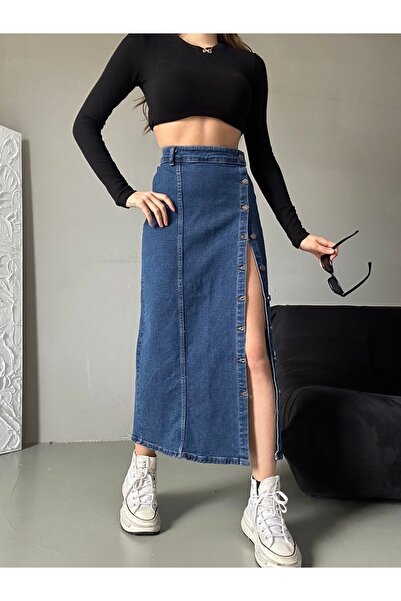 Swet Shop Jeans Kadın Önü Düğmeli Uzun Boy Koyu Mavi Likralı Kot Etek
