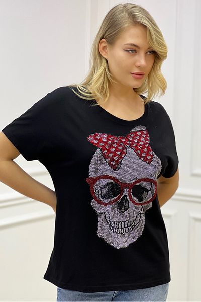 RICH GLAM Large Size Black Cotton T-shirt - Crystal Skull Stone Detail, Bat Sleeve