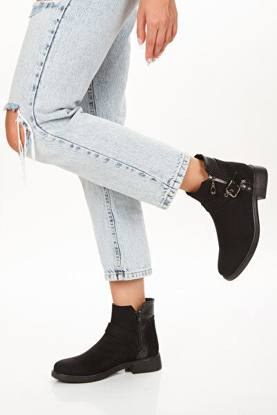 L&L Siyah Süet Bilekte Alçak Topuk Bot
