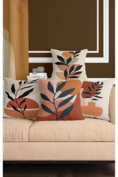 ALAMODECOR Brick Colored Scandinavian Vase and Bohemian Leaf Patterned 4-Piec...