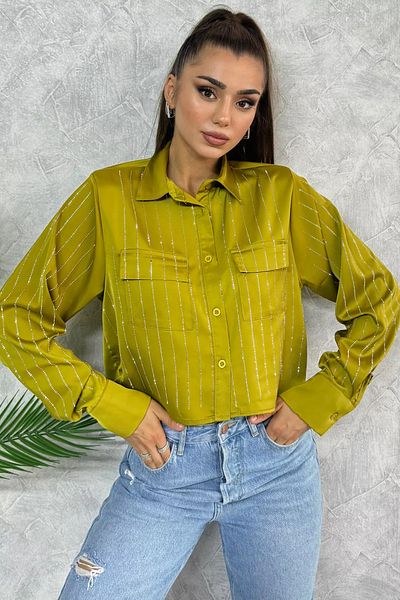 julude Γυναικείο πουκάμισο Oilgreen Satin με πέτρινη λεπτομέρεια - Διπλή τσέπη