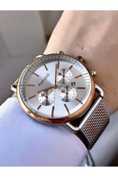 Ferrucci Men's Rose Straw Cord with Calendar Function - Iconic Rose Gold and Silver Combination