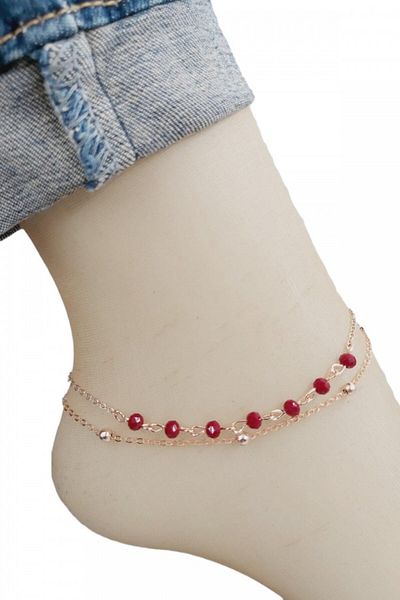 AKIN AKSESUAR HEDİYELİK Crystal Beaded Anklet with Rose Chain