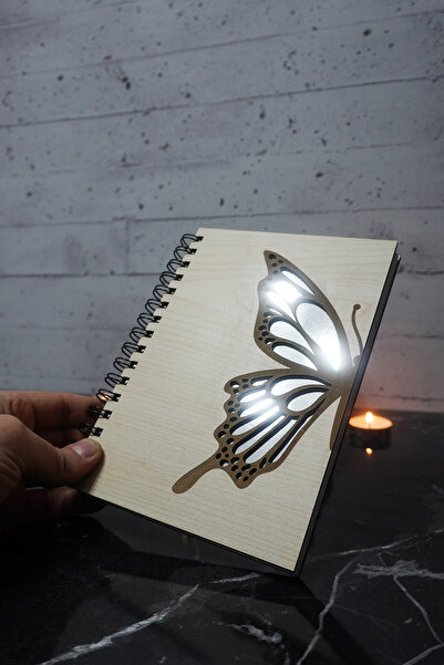 markcat Butterfly Themed Notebook with Wooden Cover - Checked Agenda and School Notebook (A5 - 120 Pages)