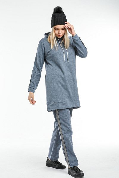CNG MODA Large Size Indigo Hooded Sleeve Striped Tracksuit Set