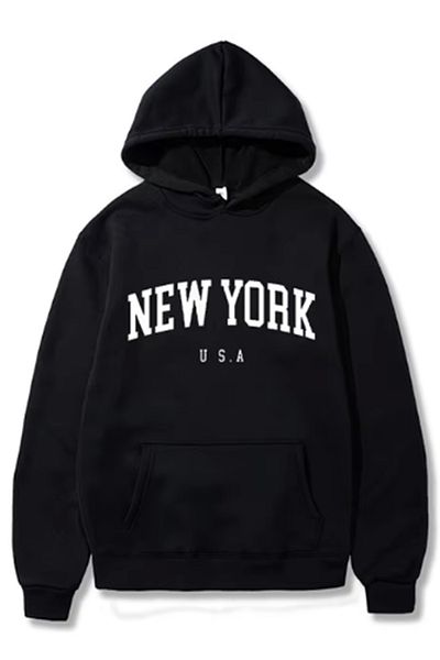 LA GULER Unisex New York Printed Oversize φούτερ με κουκούλα - 3 κλωστές βαμβακερό