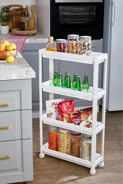 Minty Life 4-Tier Wheeled Vesken Shelf Unit - Bathroom and Kitchen Shelf Service Table Organizer (White)