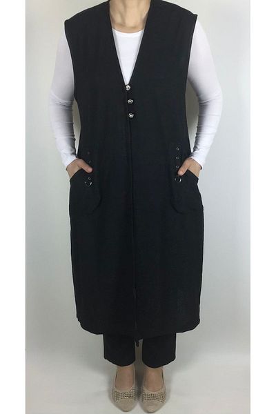 ECE GİYİM Women's Long Vest - Three-Button Front, Pocket and Jacquard Summer
