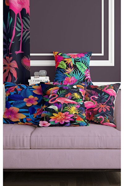 ALAMODECOR Κάλυμμα μαξιλαριού διπλής όψης Djital με τύπωμα με πολύχρωμα φύλλα και σχέδια φλαμίνγκο