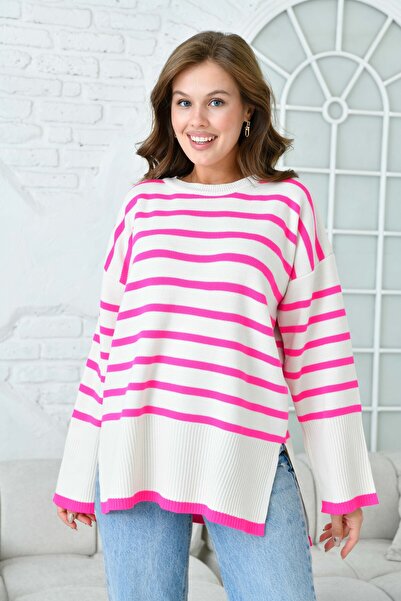 WOMAN VISION Yanı Yırtmaçlı Bisiklet Yaka Çizgili Desenli Uzun Kollu Pembe Oversize Triko Kazak 2543